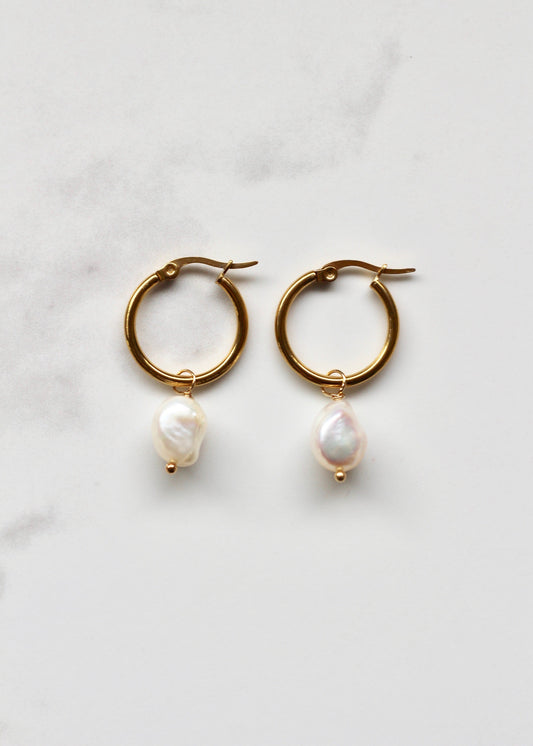 Ariel Pearl Hoops Gold